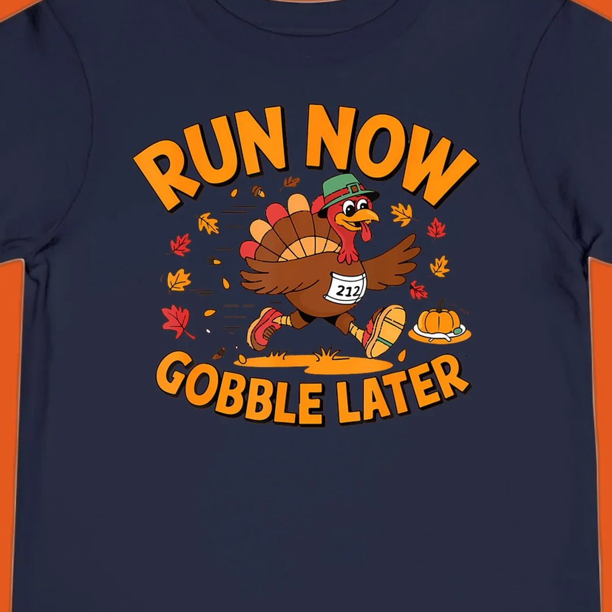 Running turkey with 'Run Now Gobble Later' text for Turkey Trot race.