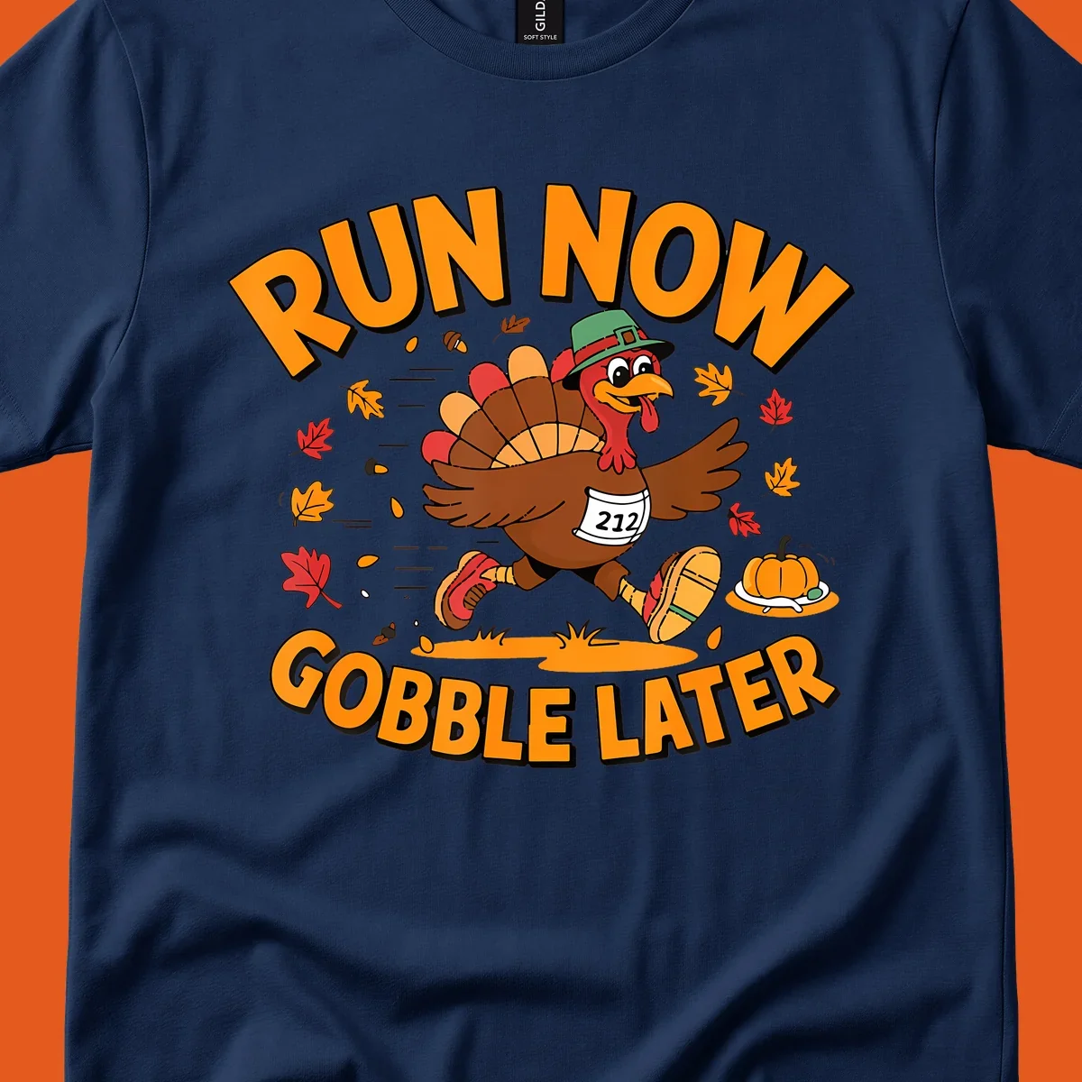 Running turkey with 'Run Now Gobble Later' text for Turkey Trot race.