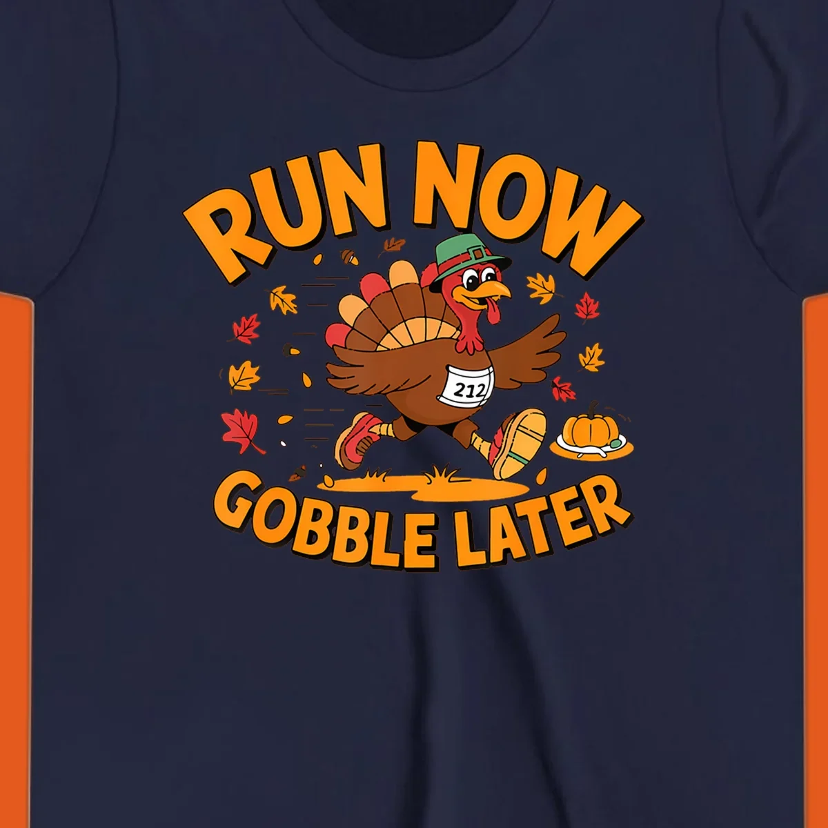 Running turkey with 'Run Now Gobble Later' text for Turkey Trot race.