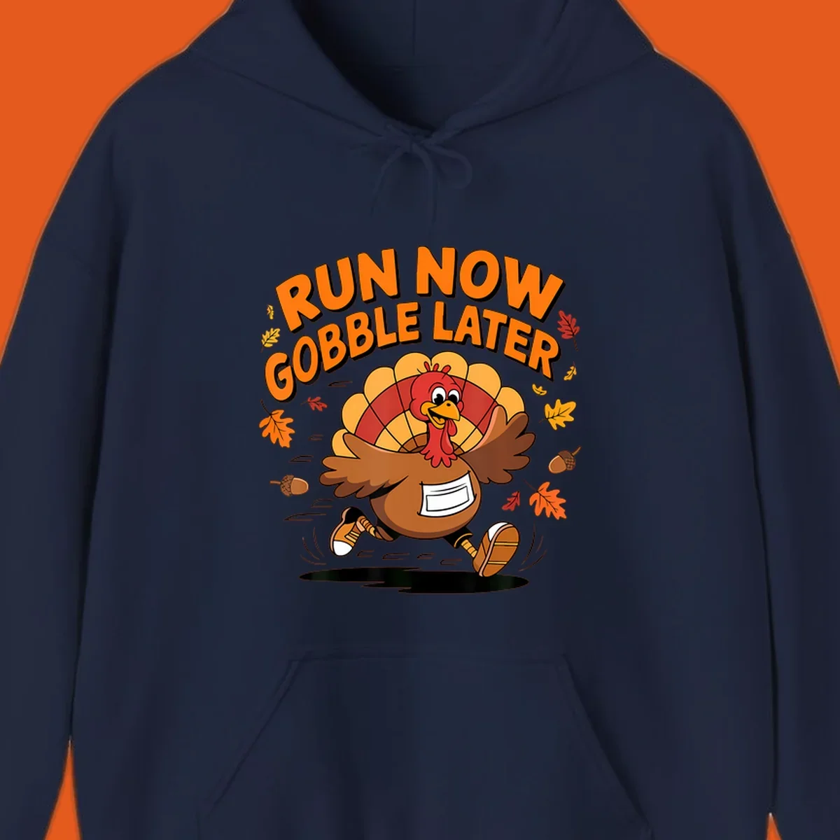 Cartoon turkey running with text "RUN NOW GOBBLE LATER" for Thanksgiving Turkey Trot shirt.