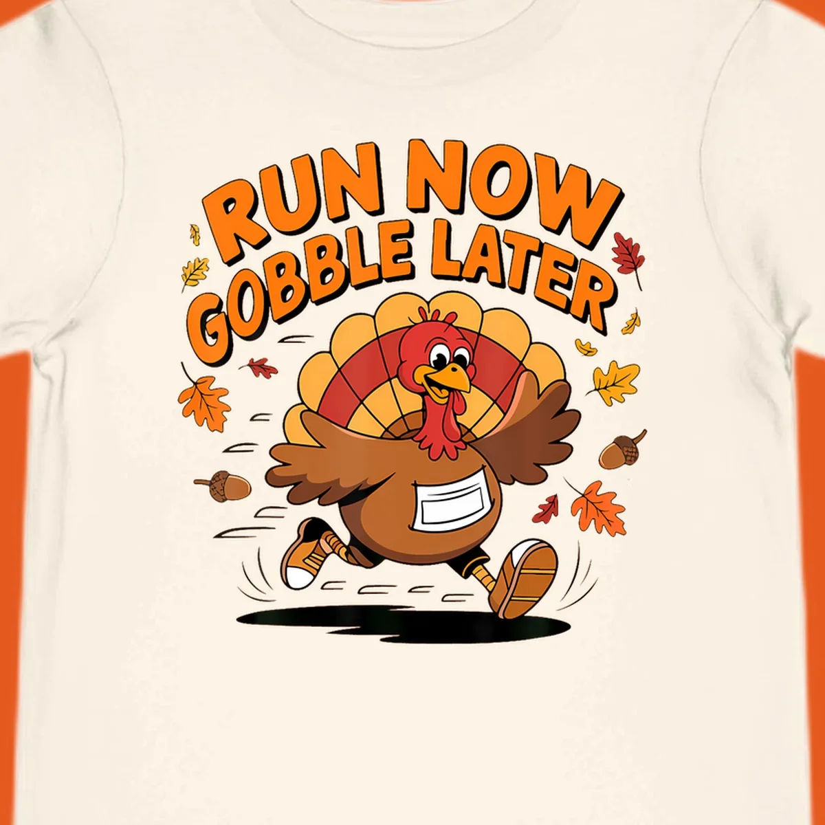 Cartoon turkey running with text "RUN NOW GOBBLE LATER" for Thanksgiving Turkey Trot shirt.