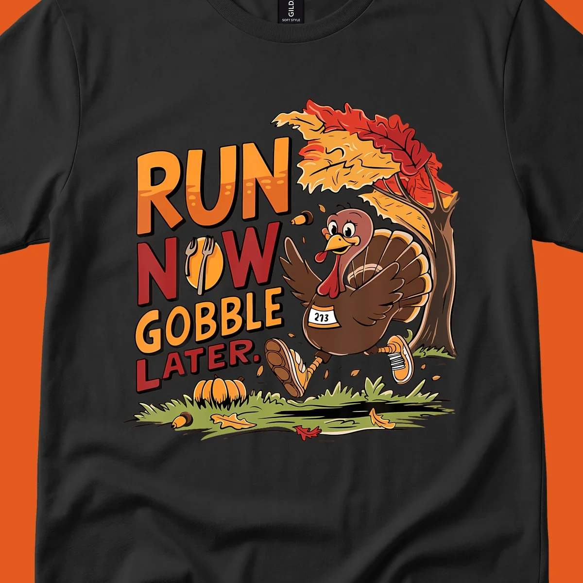 Illustration of a turkey running with text "RUN NOW GOBBLE LATER." for Thanksgiving.