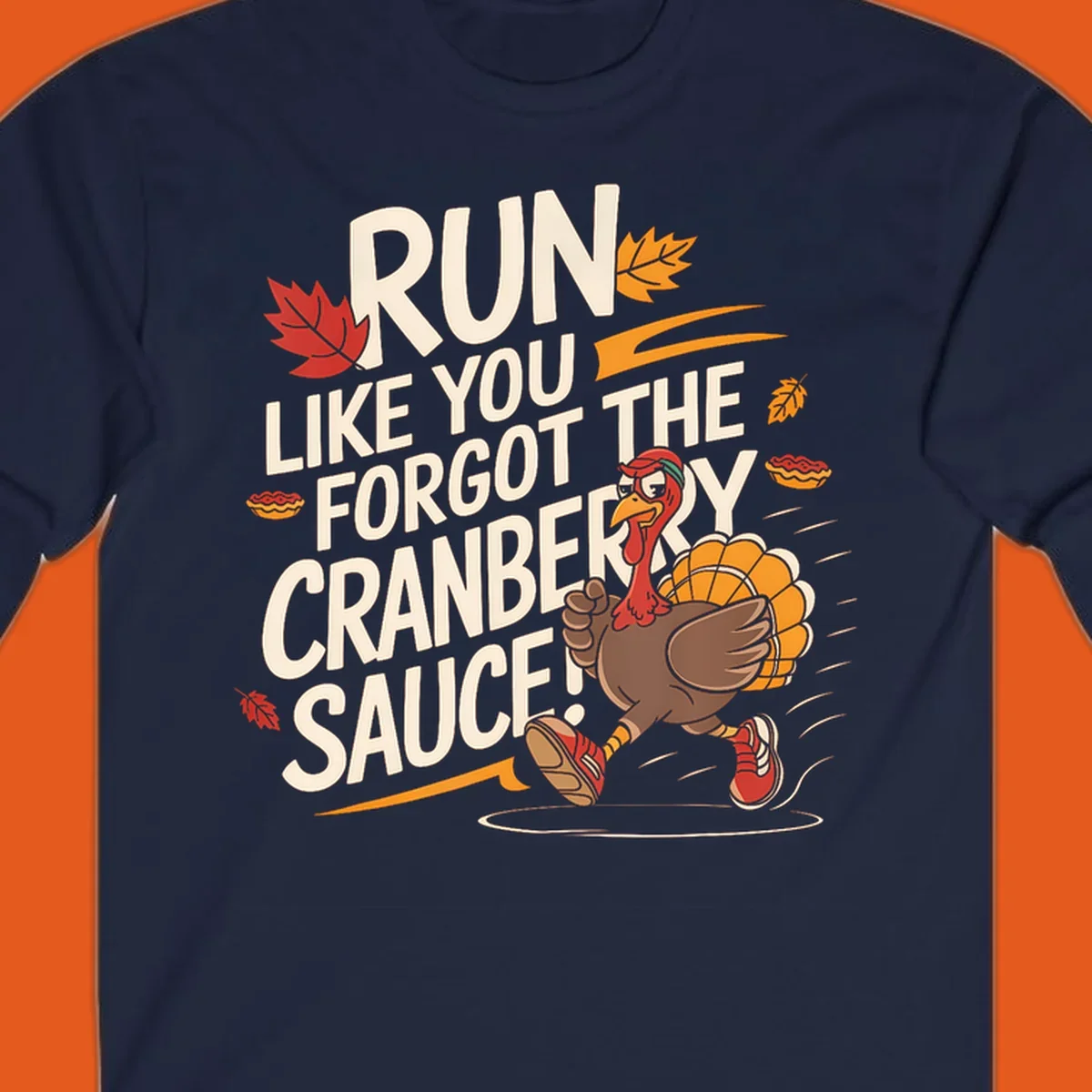 Running turkey illustration with text 'Run Like You Forgot The Cranberry Sauce' for Turkey Trot shirts.