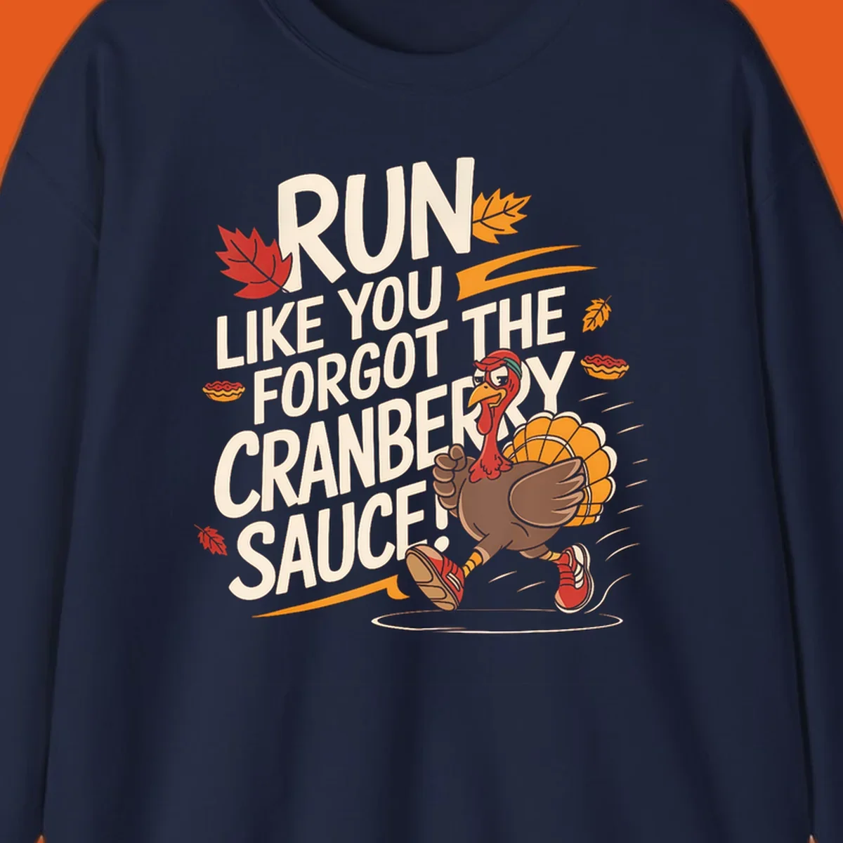 Running turkey illustration with text 'Run Like You Forgot The Cranberry Sauce' for Turkey Trot shirts.