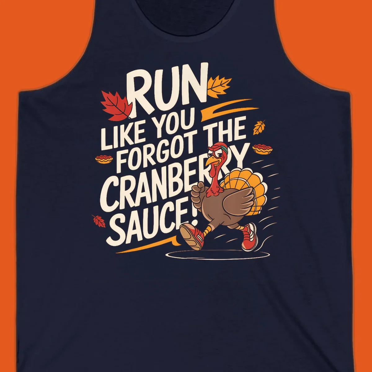 Running turkey illustration with text 'Run Like You Forgot The Cranberry Sauce' for Turkey Trot shirts.