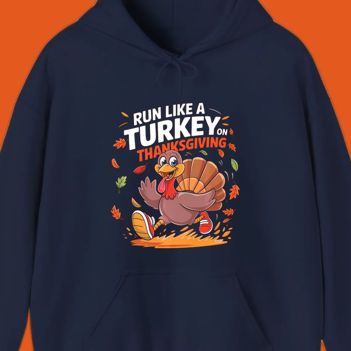 Cartoon turkey running with 'Run Like A Turkey On Thanksgiving' text, autumn leaves.