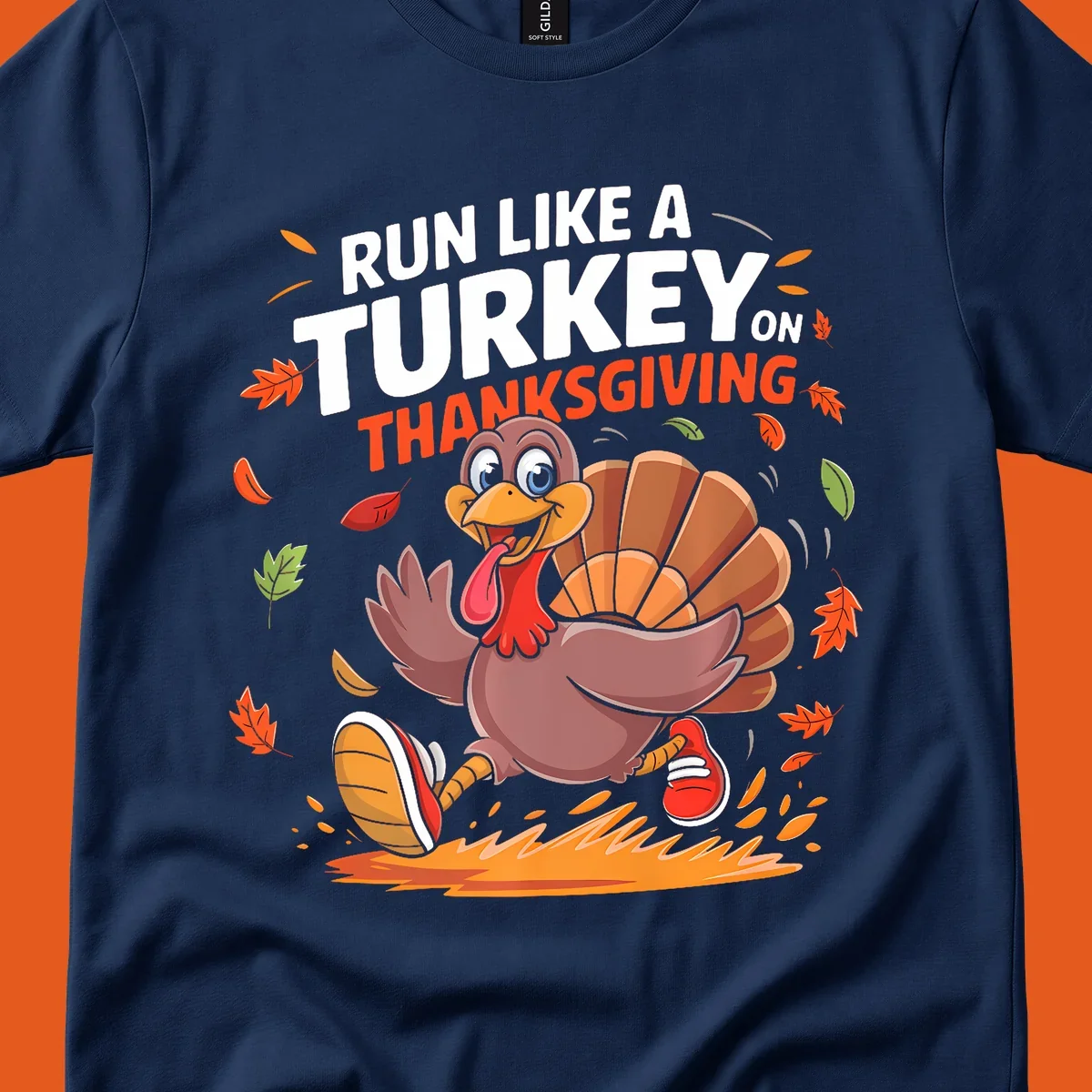 Cartoon turkey running with 'Run Like A Turkey On Thanksgiving' text, autumn leaves.