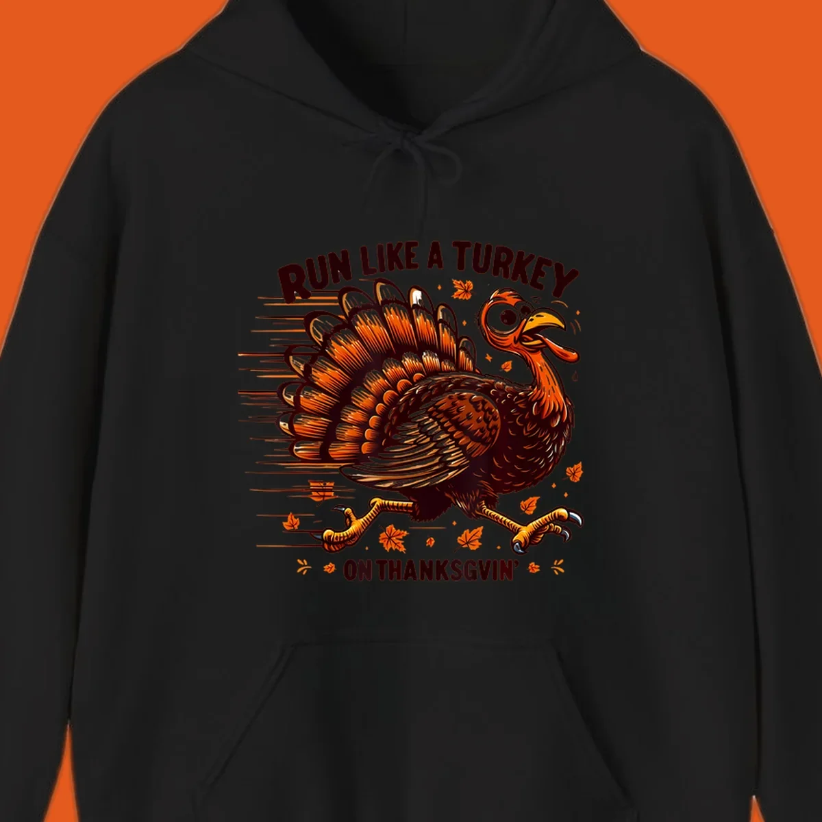 Illustration of a running turkey with text 'RUN LIKE A TURKEY ON THANKSGVIN'', for Thanksgiving Day races.