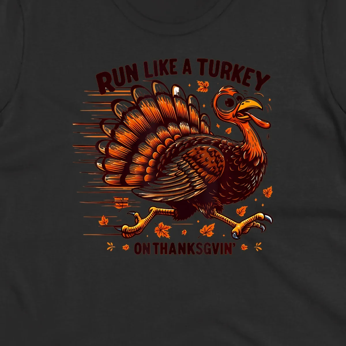 Illustration of a running turkey with text 'RUN LIKE A TURKEY ON THANKSGVIN'', for Thanksgiving Day races.