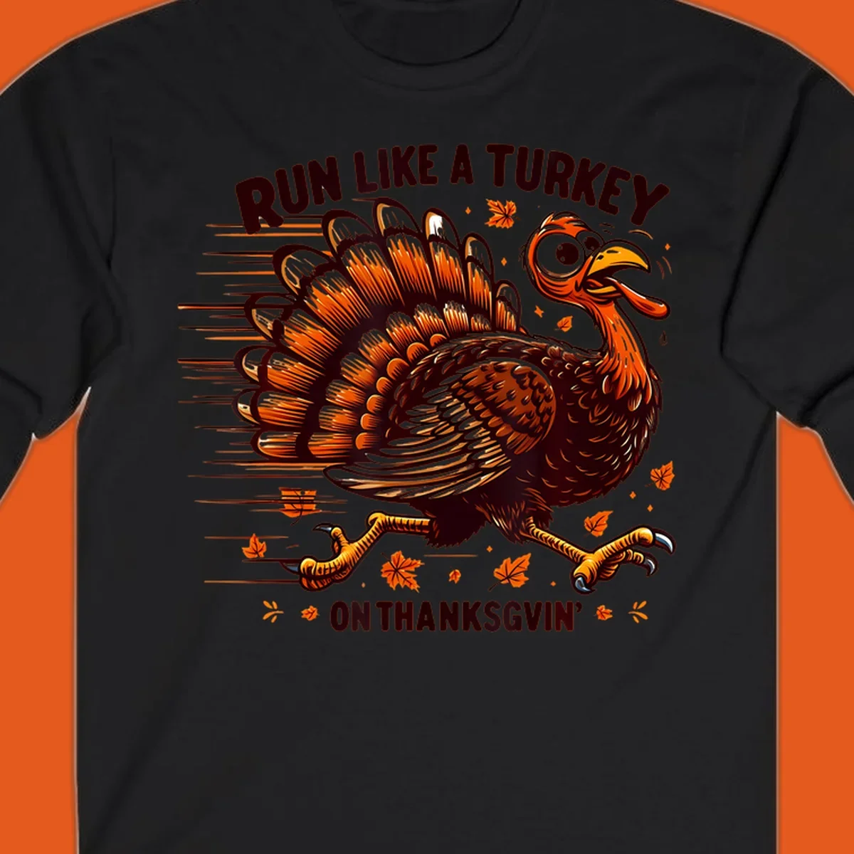 Illustration of a running turkey with text 'RUN LIKE A TURKEY ON THANKSGVIN'', for Thanksgiving Day races.