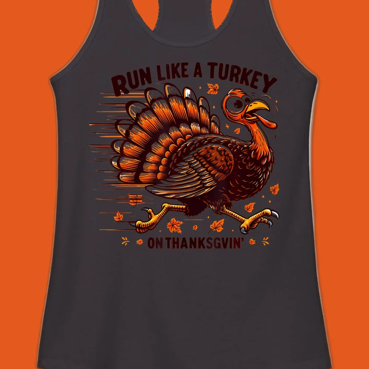 Illustration of a running turkey with text 'RUN LIKE A TURKEY ON THANKSGVIN'', for Thanksgiving Day races.