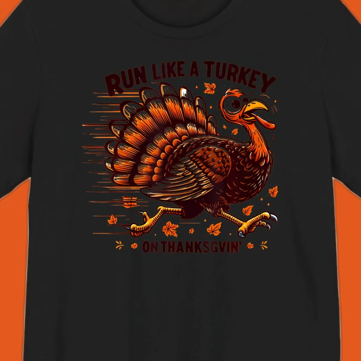 Illustration of a running turkey with text 'RUN LIKE A TURKEY ON THANKSGVIN'', for Thanksgiving Day races.