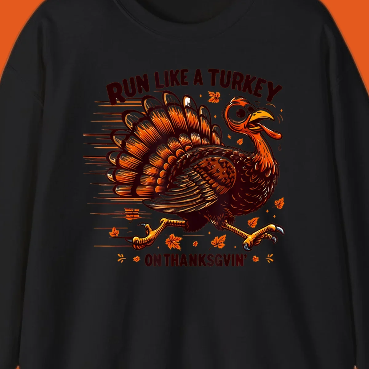 Illustration of a running turkey with text 'RUN LIKE A TURKEY ON THANKSGVIN'', for Thanksgiving Day races.