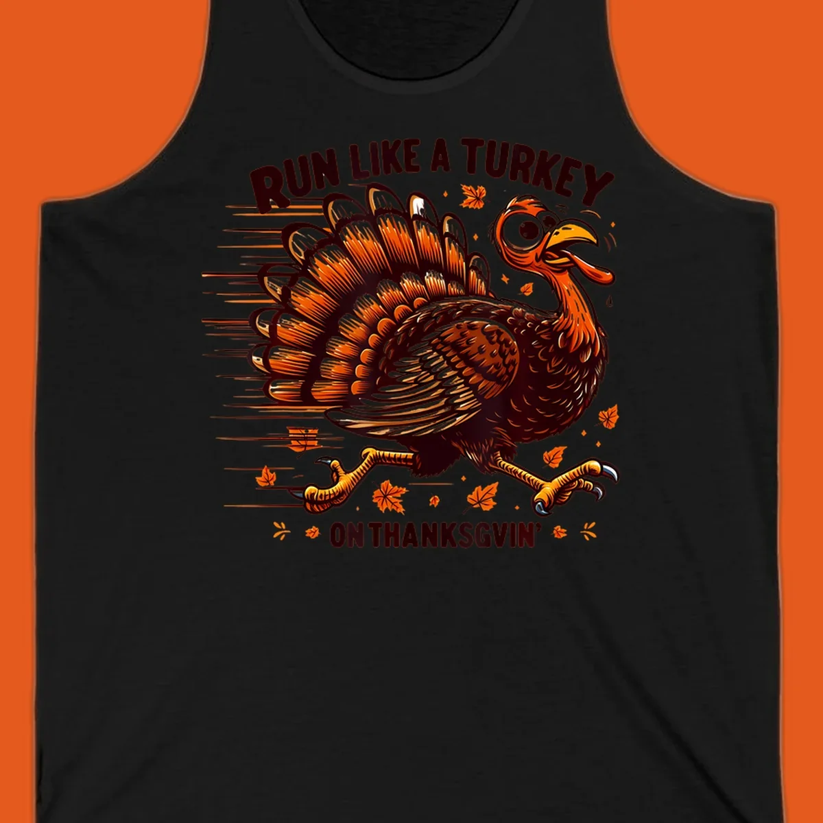Illustration of a running turkey with text 'RUN LIKE A TURKEY ON THANKSGVIN'', for Thanksgiving Day races.