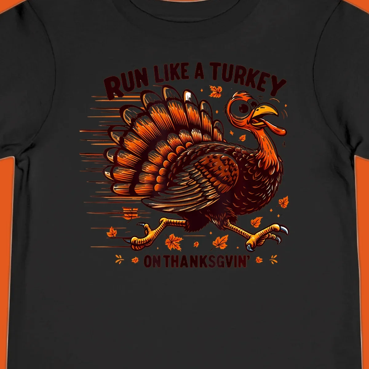 Illustration of a running turkey with text 'RUN LIKE A TURKEY ON THANKSGVIN'', for Thanksgiving Day races.