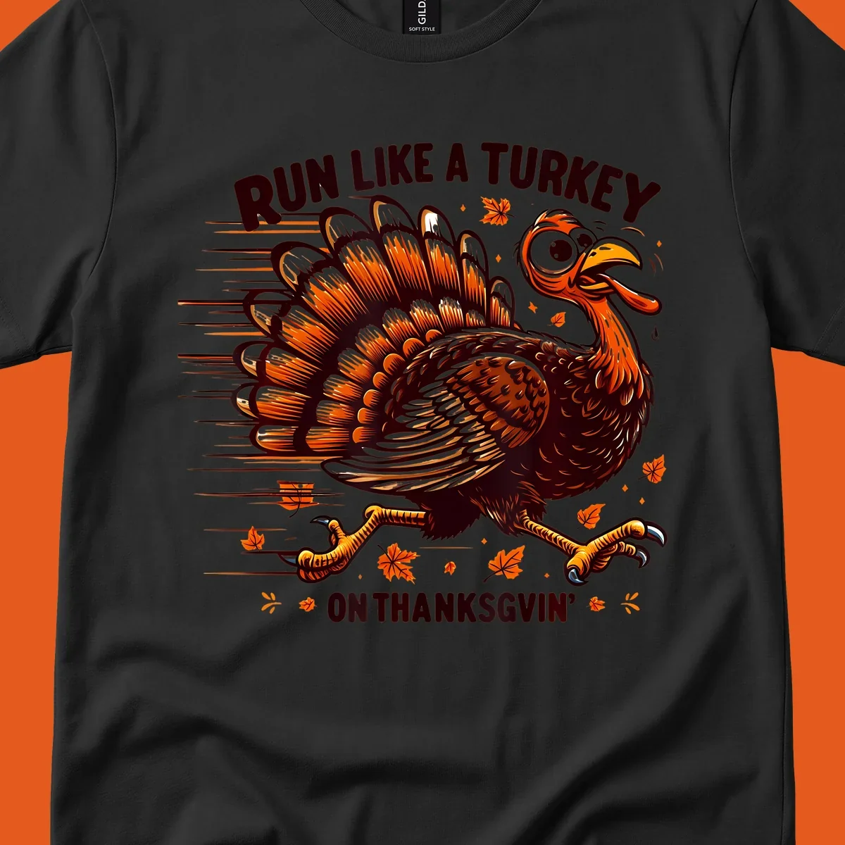 Illustration of a running turkey with text 'RUN LIKE A TURKEY ON THANKSGVIN'', for Thanksgiving Day races.