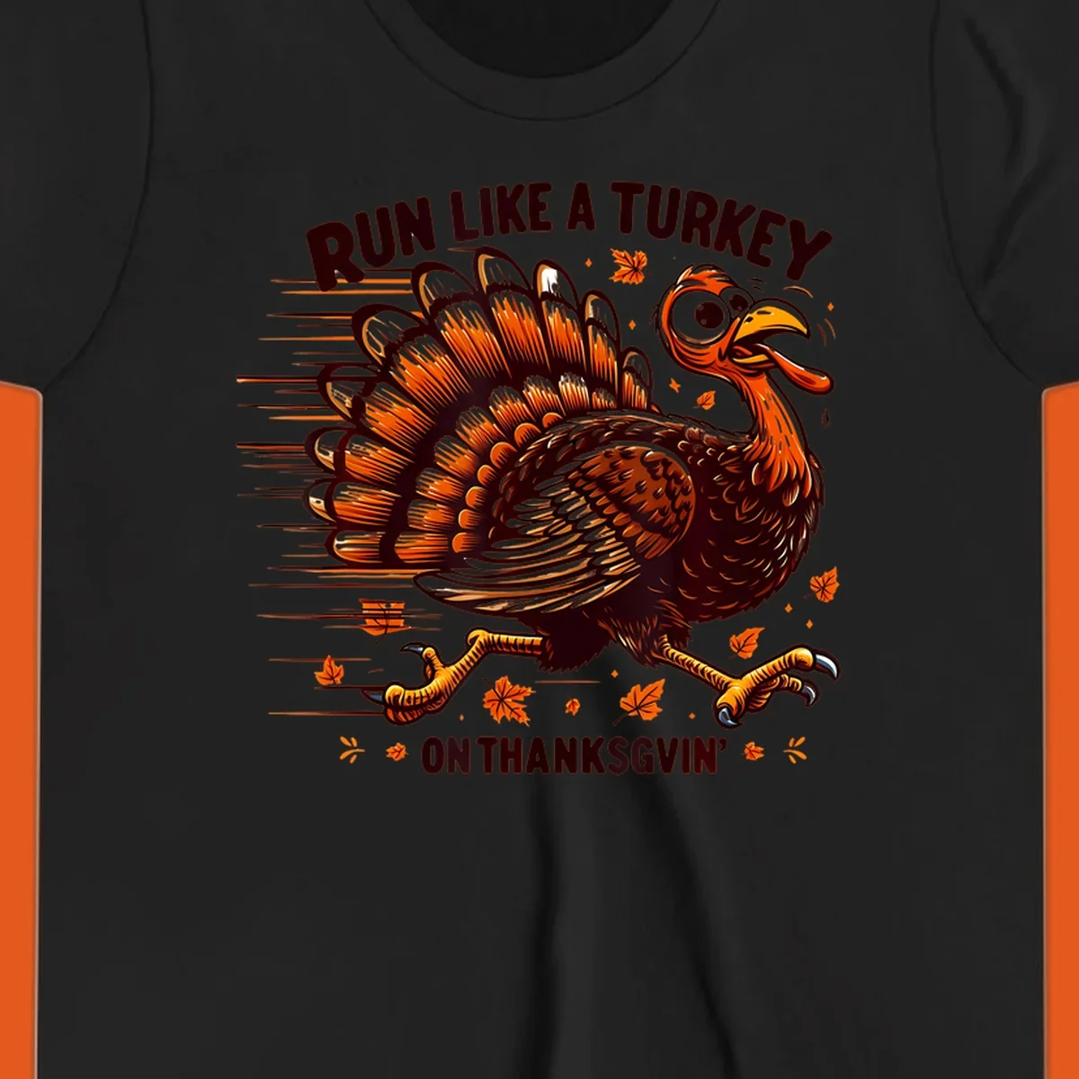 Illustration of a running turkey with text 'RUN LIKE A TURKEY ON THANKSGVIN'', for Thanksgiving Day races.