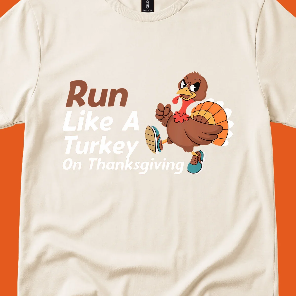 Run Like A Turkey Thanksgiving design with a cartoon turkey running and text, for turkey trot runners.
