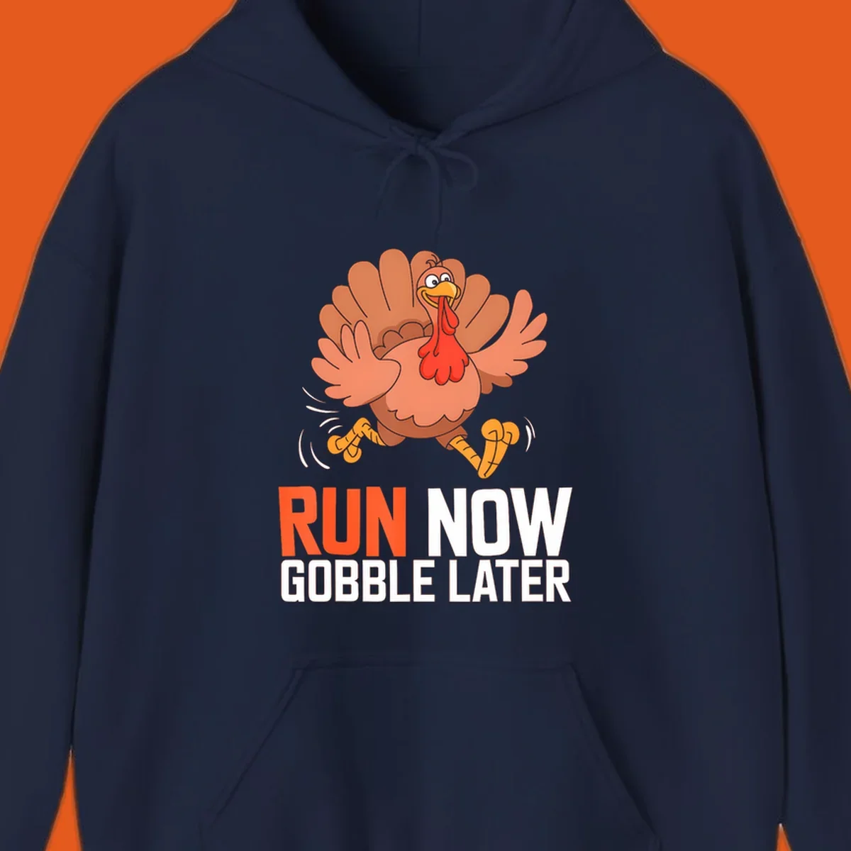 Running turkey with text 'RUN NOW GOBBLE LATER' for Turkey Trot run designs.