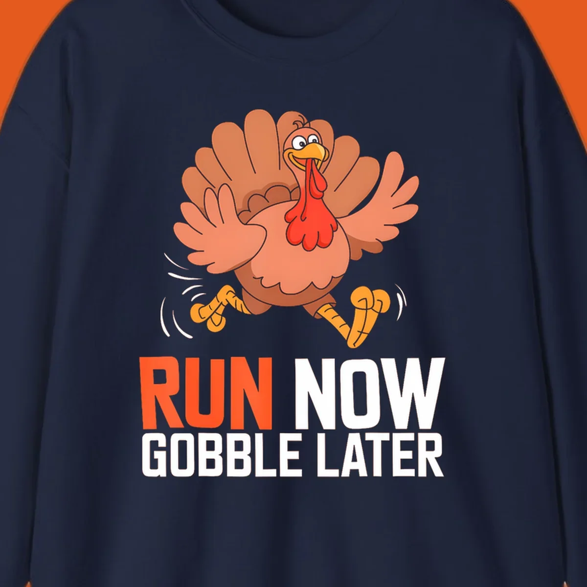 Running turkey with text 'RUN NOW GOBBLE LATER' for Turkey Trot run designs.