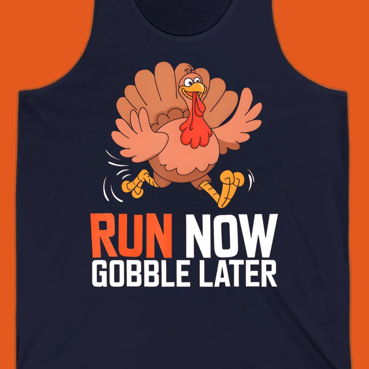Running turkey with text 'RUN NOW GOBBLE LATER' for Turkey Trot run designs.