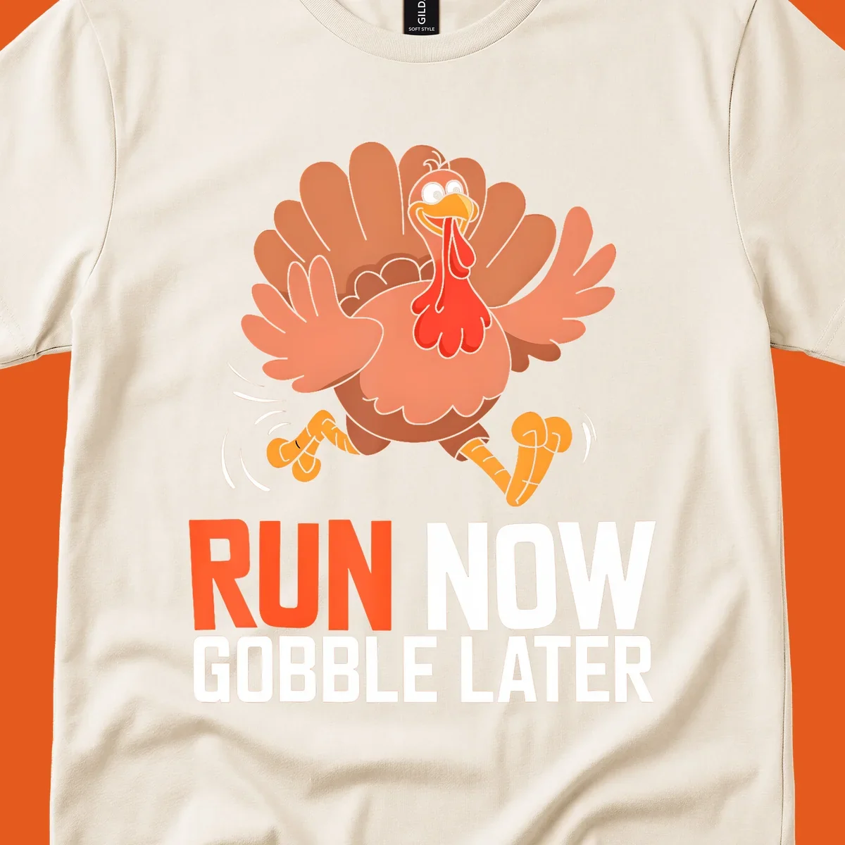 Running turkey with text 'RUN NOW GOBBLE LATER' for Turkey Trot run designs.