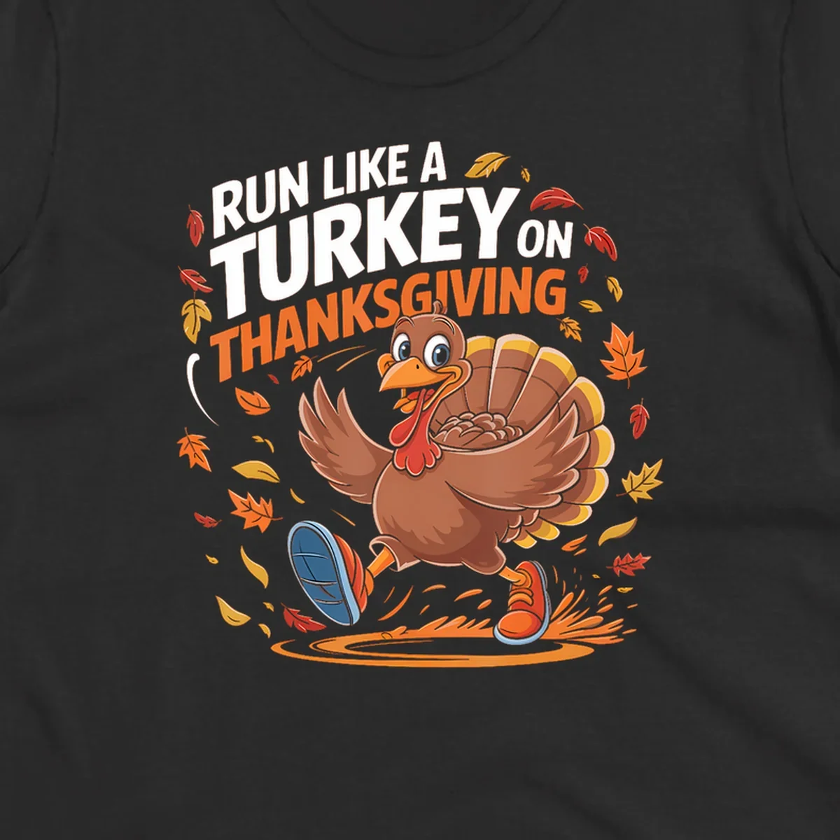 Cartoon turkey running with text 'Run Like A Turkey On Thanksgiving'.