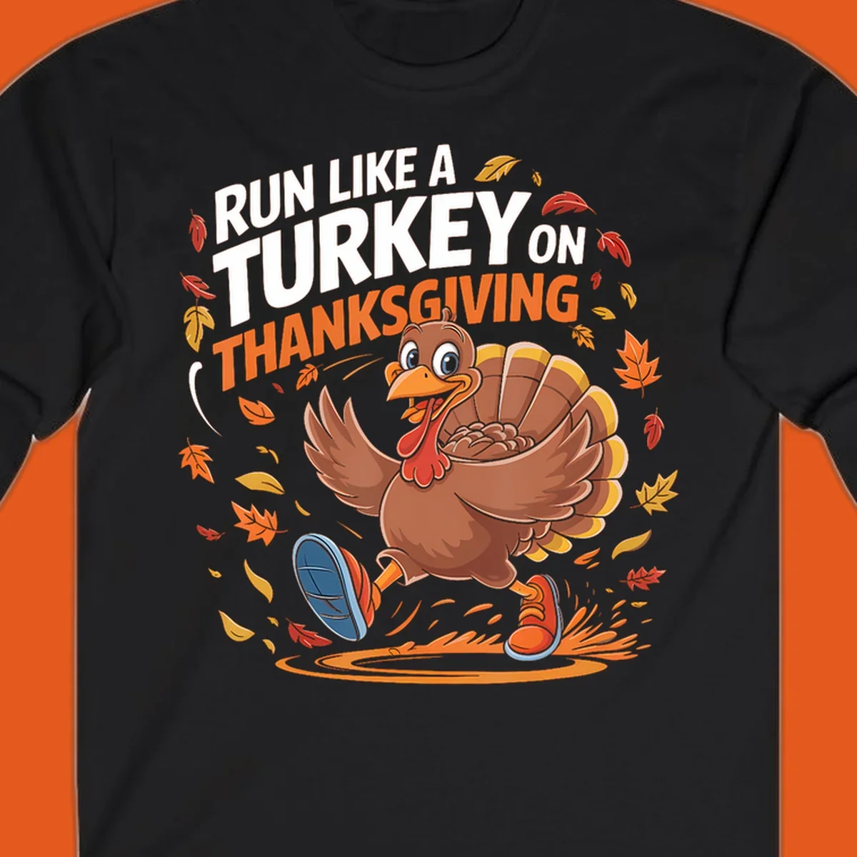 Cartoon turkey running with text 'Run Like A Turkey On Thanksgiving'.