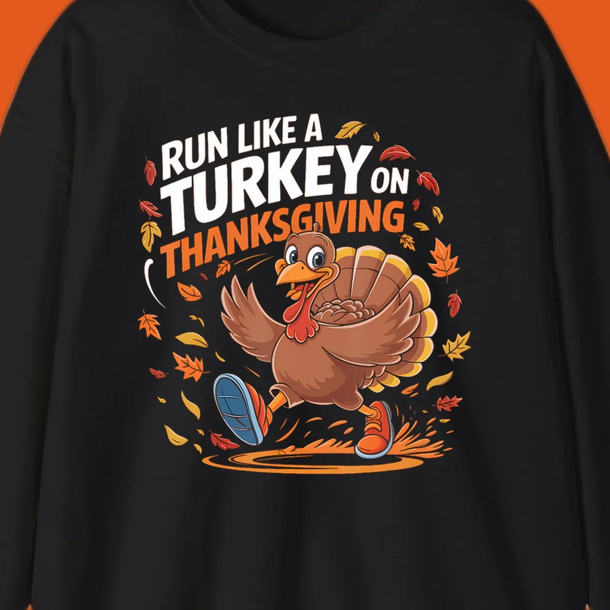 Cartoon turkey running with text 'Run Like A Turkey On Thanksgiving'.
