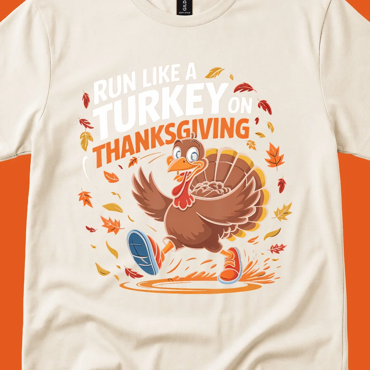 Cartoon turkey running with text 'Run Like A Turkey On Thanksgiving'.