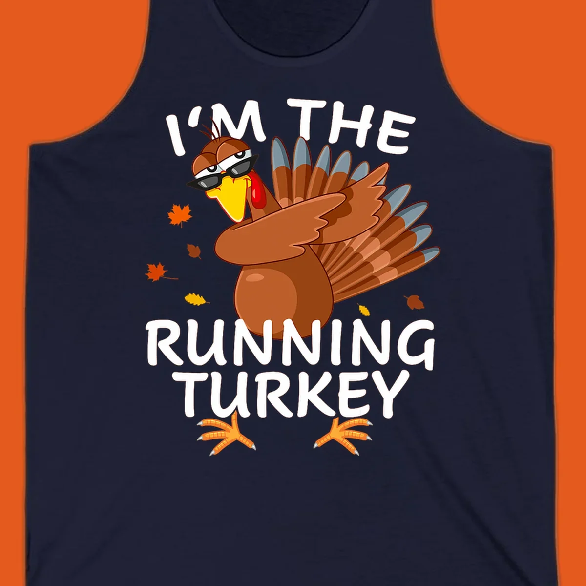 Running turkey graphic with text 'I'm The Running Turkey', for Thanksgiving Day Trot runners.