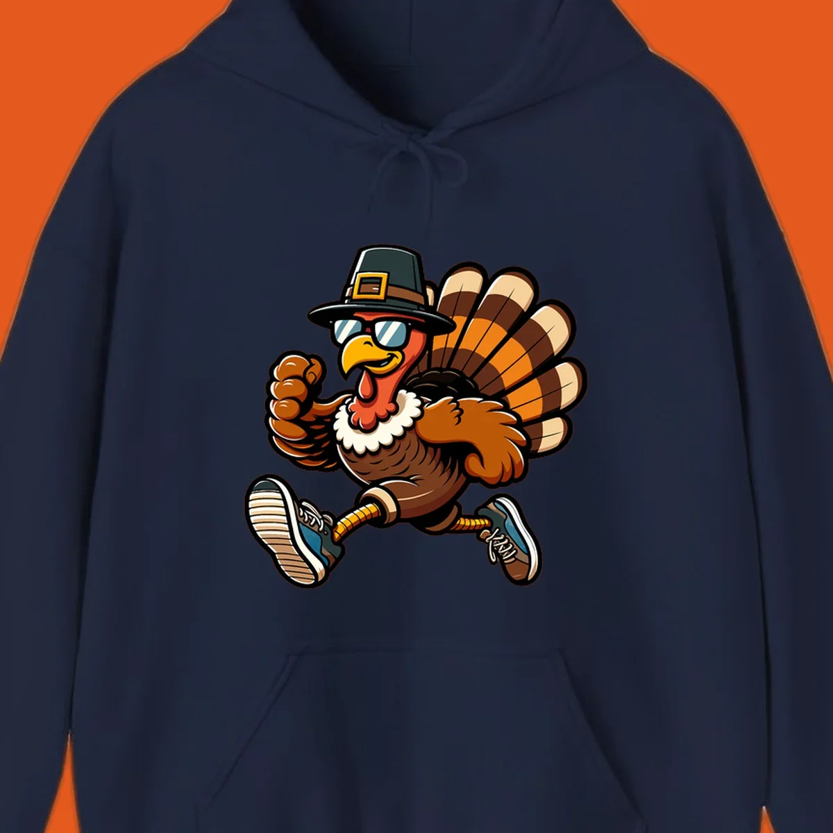 Running turkey trot pilgrim illustration with sunglasses and pilgrim hat.