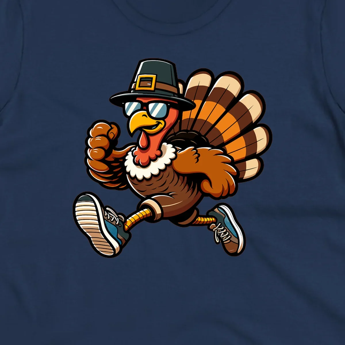 Running turkey trot pilgrim illustration with sunglasses and pilgrim hat.