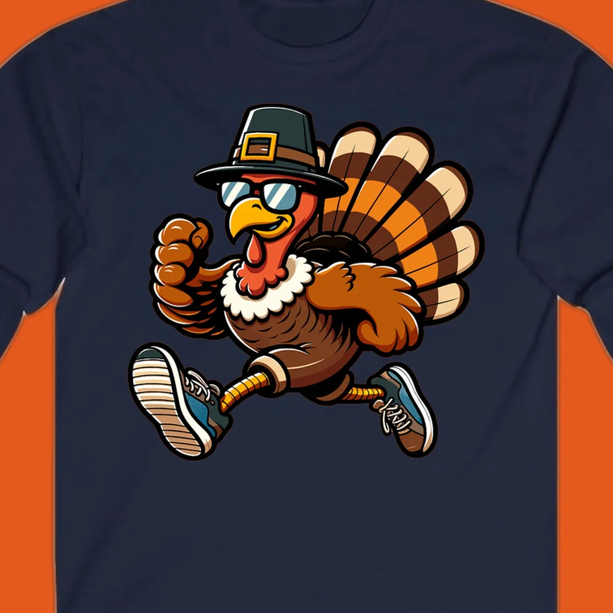 Running turkey trot pilgrim illustration with sunglasses and pilgrim hat.