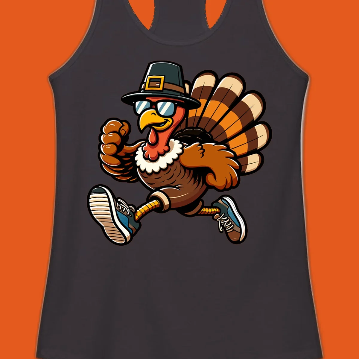 Running turkey trot pilgrim illustration with sunglasses and pilgrim hat.