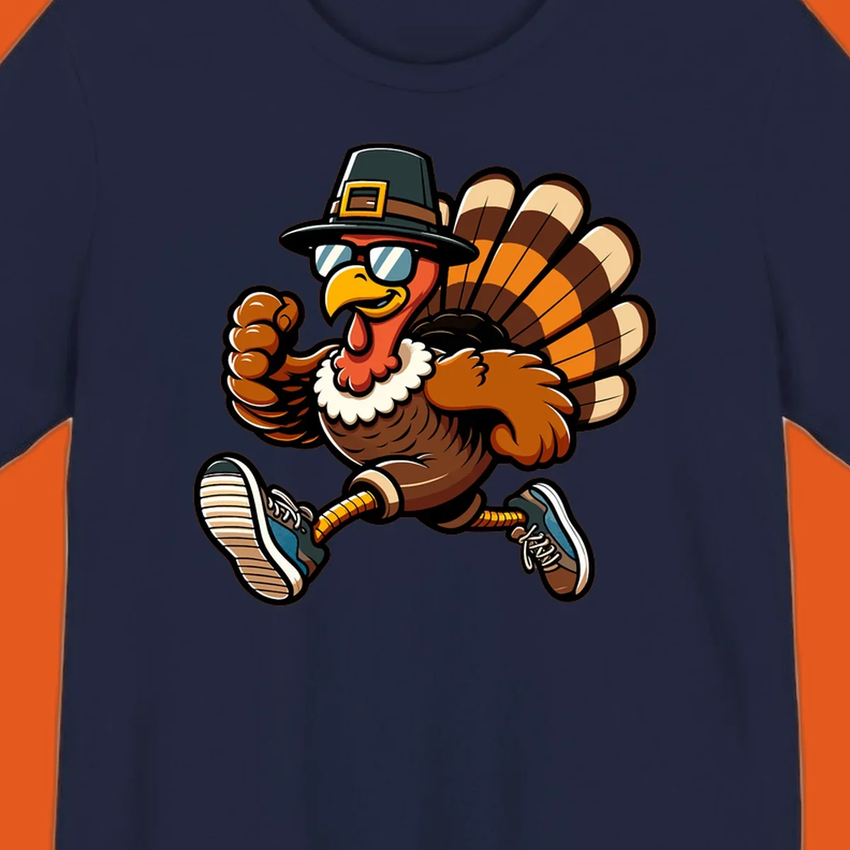 Running turkey trot pilgrim illustration with sunglasses and pilgrim hat.