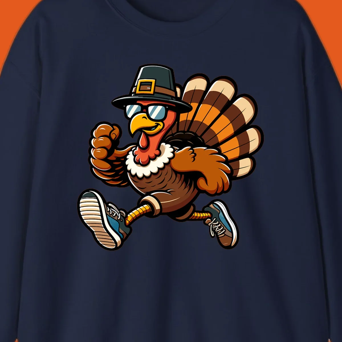 Running turkey trot pilgrim illustration with sunglasses and pilgrim hat.