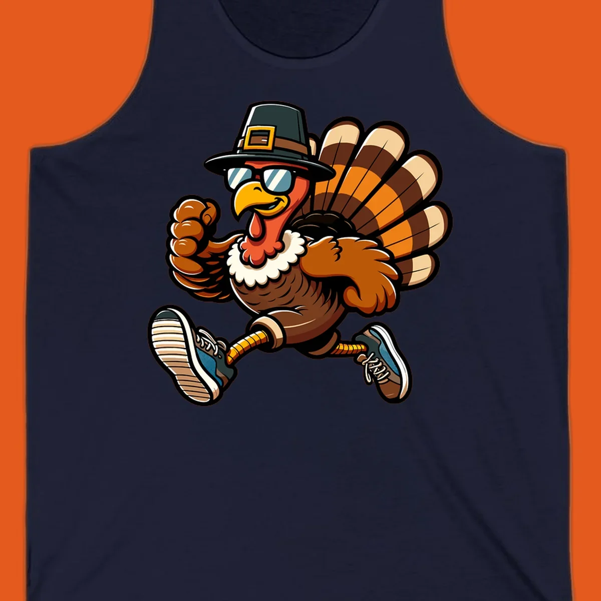 Running turkey trot pilgrim illustration with sunglasses and pilgrim hat.