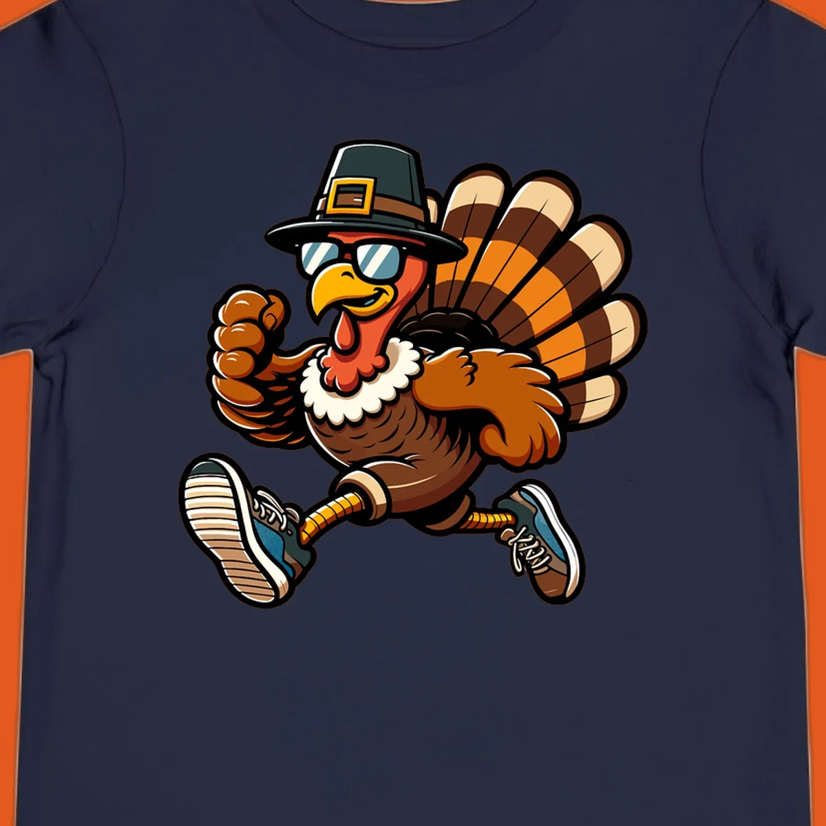 Running turkey trot pilgrim illustration with sunglasses and pilgrim hat.
