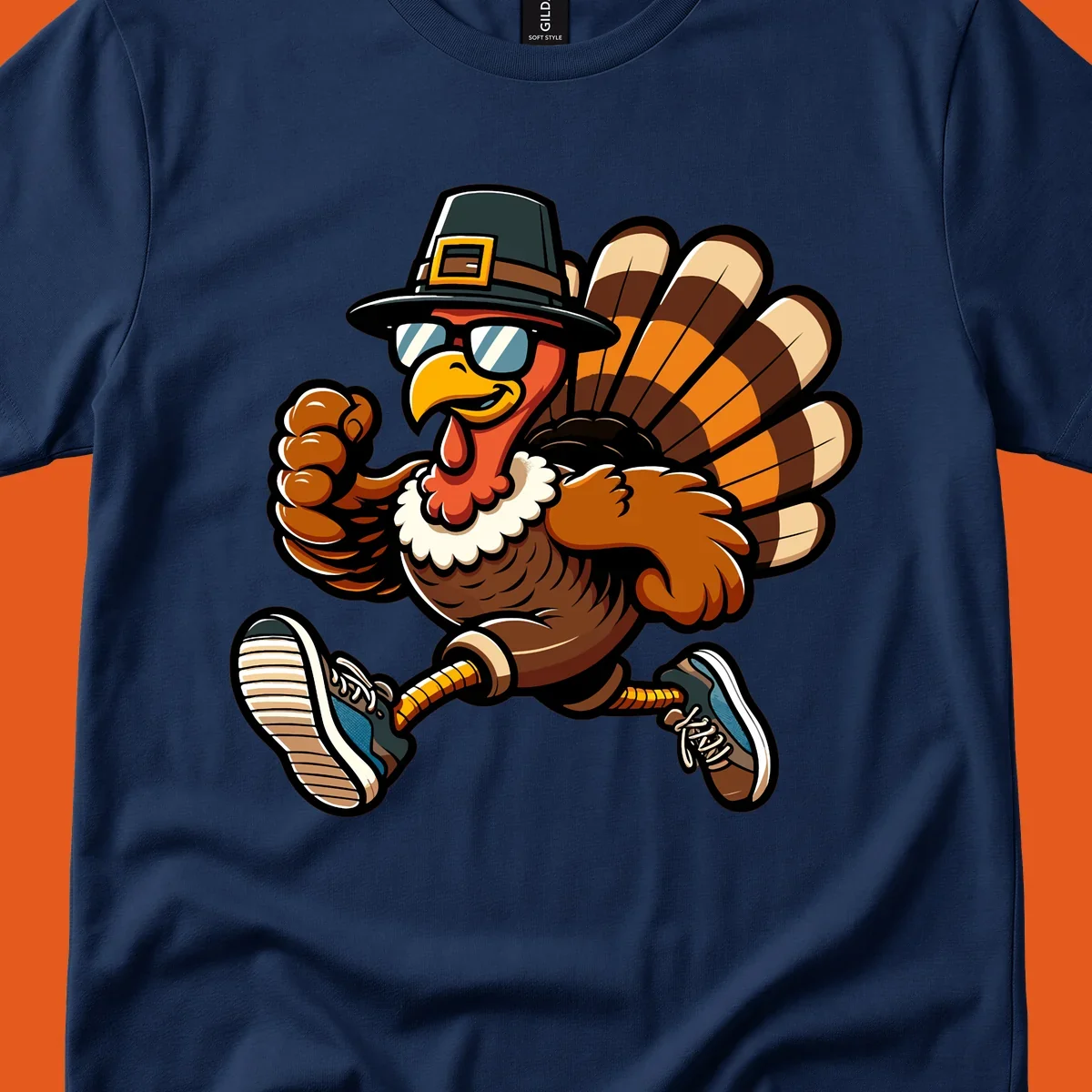 Running turkey trot pilgrim illustration with sunglasses and pilgrim hat.
