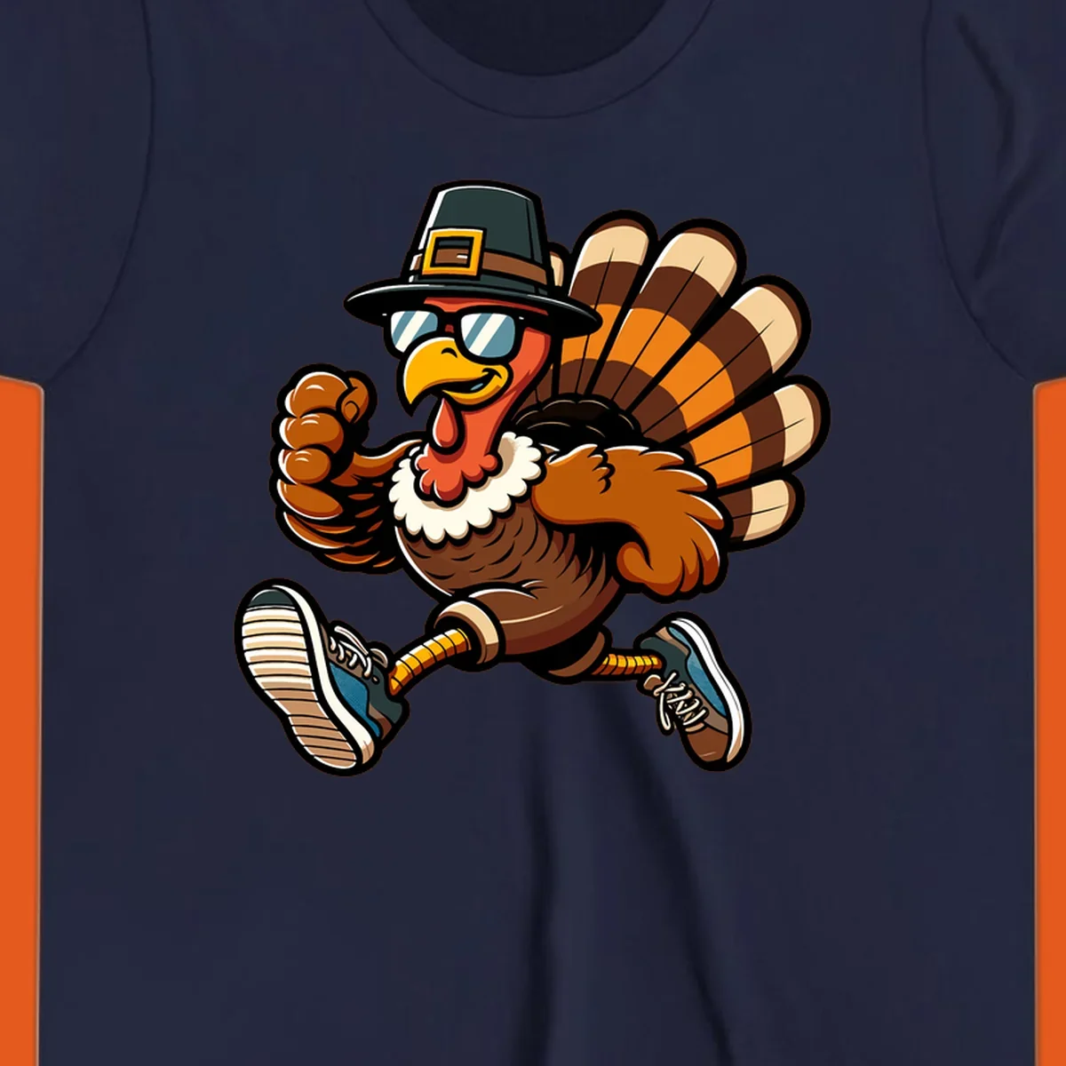 Running turkey trot pilgrim illustration with sunglasses and pilgrim hat.
