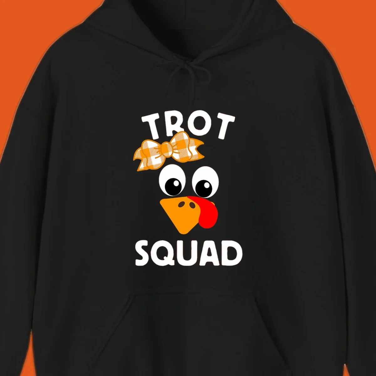 Turkey Trot Squad text with a cartoon turkey face and bow, for Thanksgiving running.