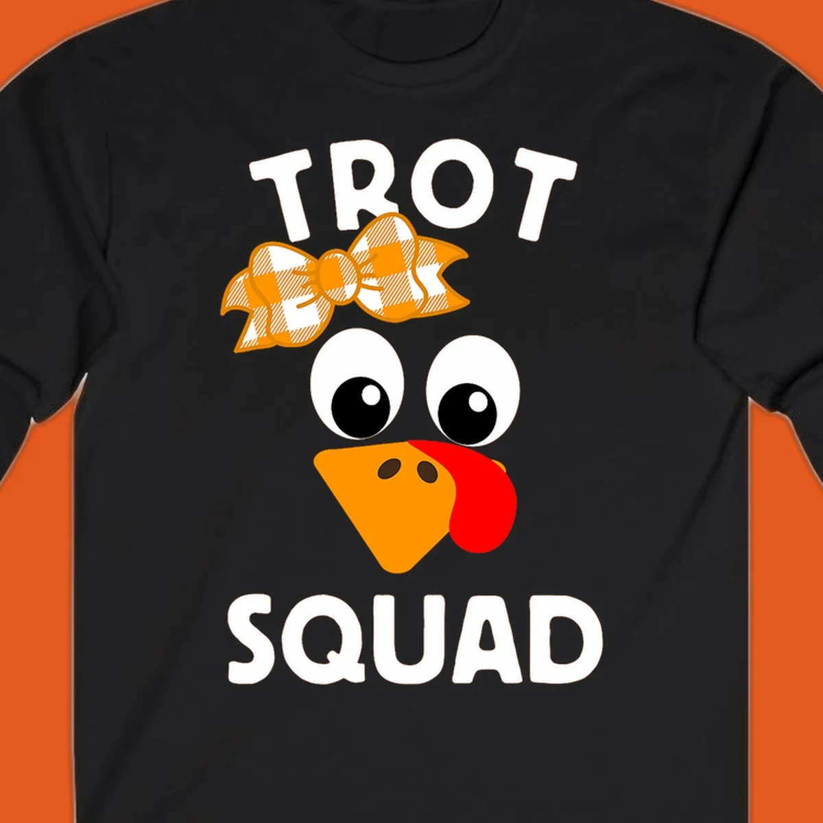 Turkey Trot Squad text with a cartoon turkey face and bow, for Thanksgiving running.