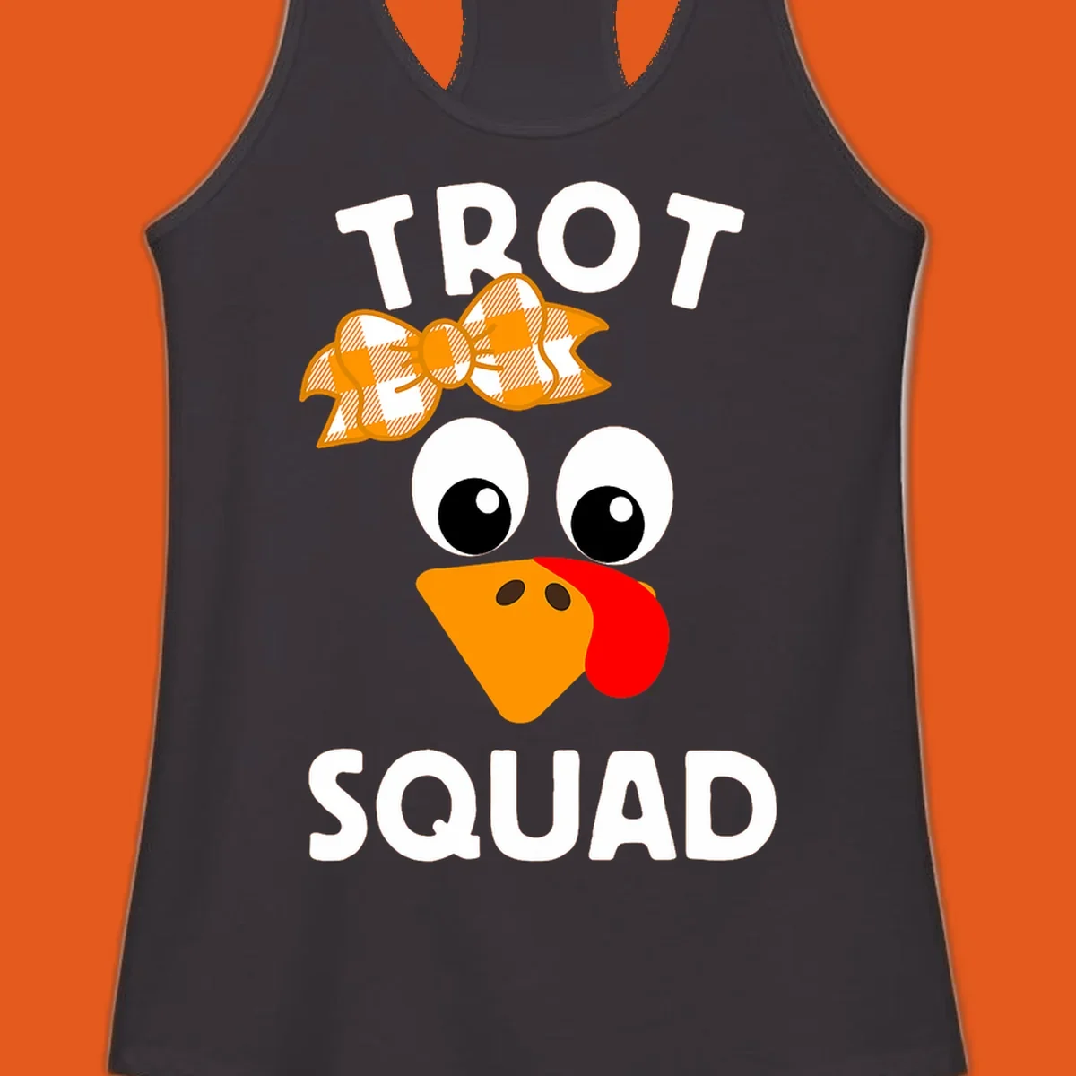 Turkey Trot Squad text with a cartoon turkey face and bow, for Thanksgiving running.