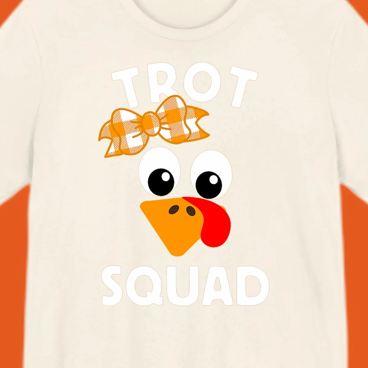 Turkey Trot Squad text with a cartoon turkey face and bow, for Thanksgiving running.