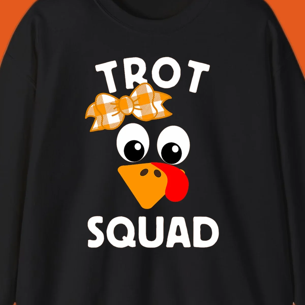 Turkey Trot Squad text with a cartoon turkey face and bow, for Thanksgiving running.