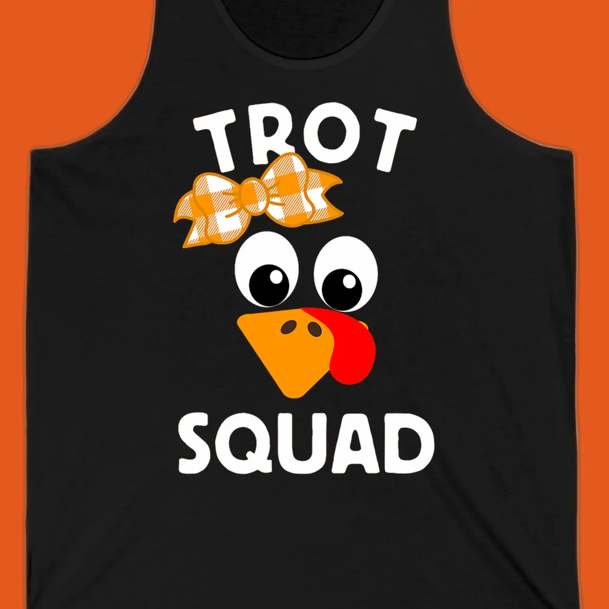Turkey Trot Squad text with a cartoon turkey face and bow, for Thanksgiving running.