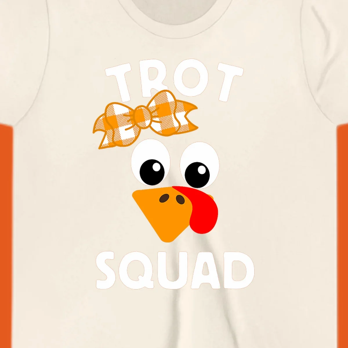 Turkey Trot Squad text with a cartoon turkey face and bow, for Thanksgiving running.