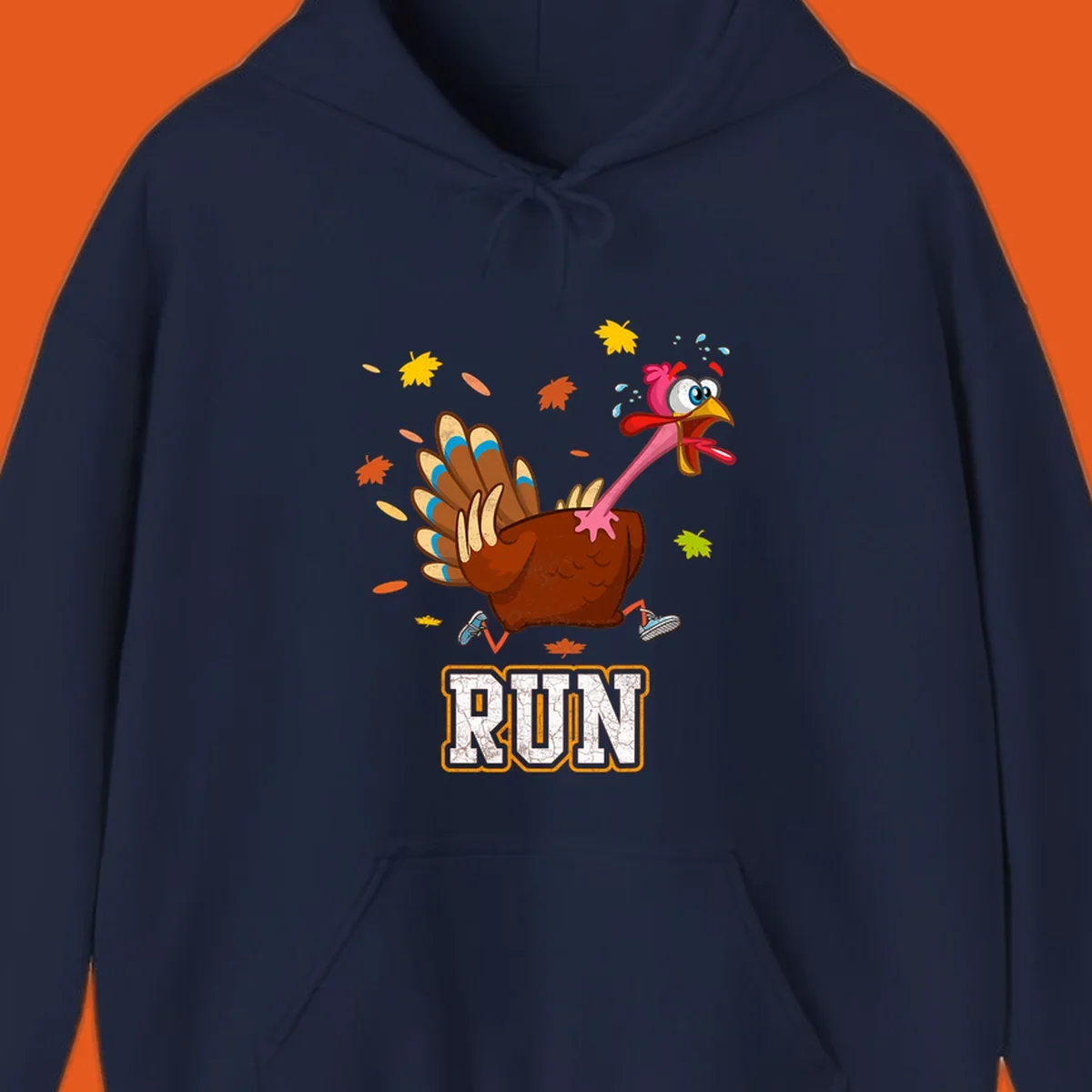 Cartoon running turkey with text RUN, for Thanksgiving Turkey Trot races.