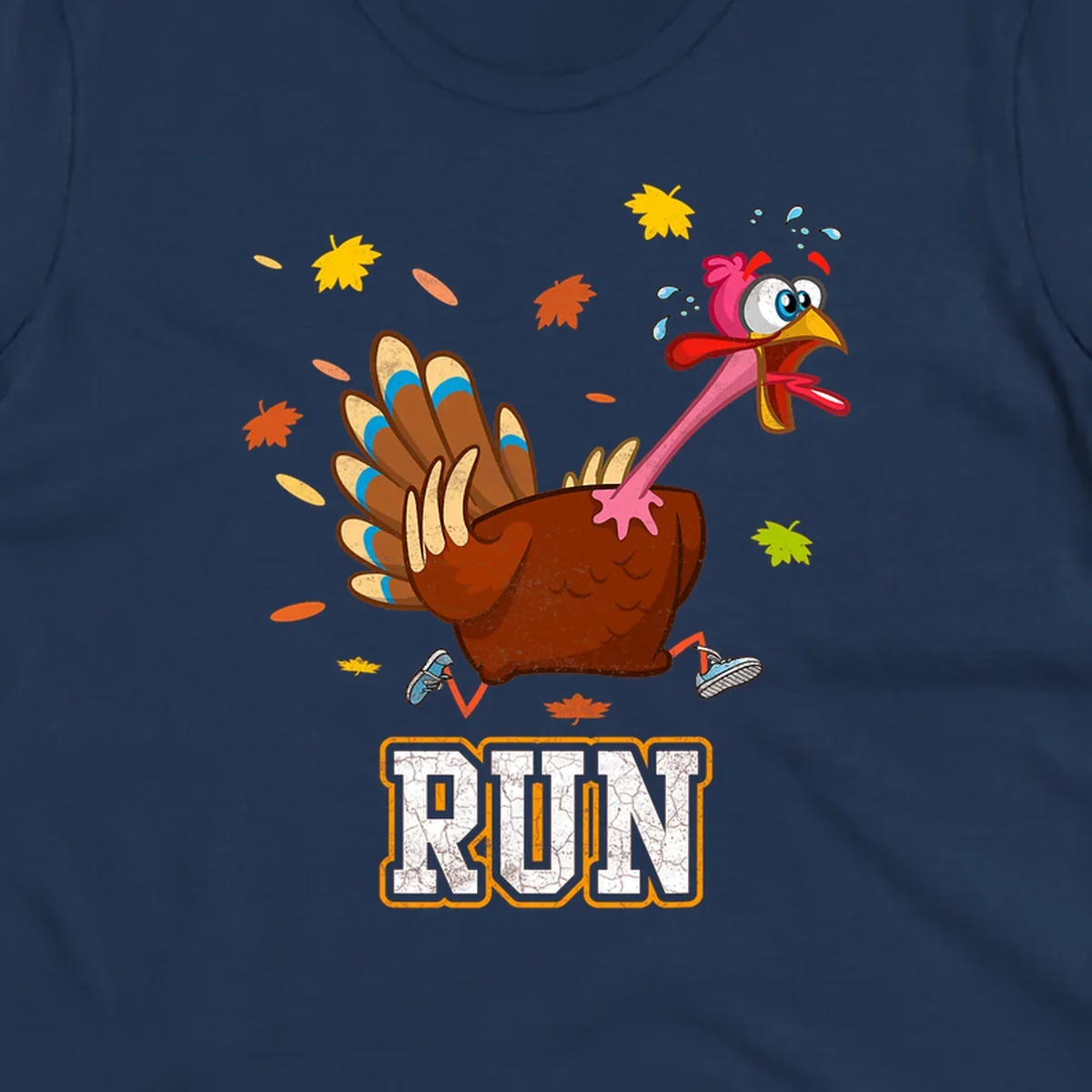 Cartoon running turkey with text RUN, for Thanksgiving Turkey Trot races.
